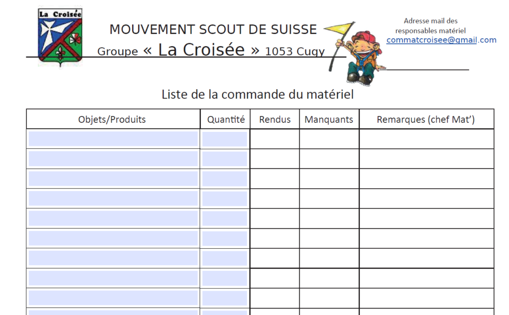 Document à remplir avec le matériel à louer